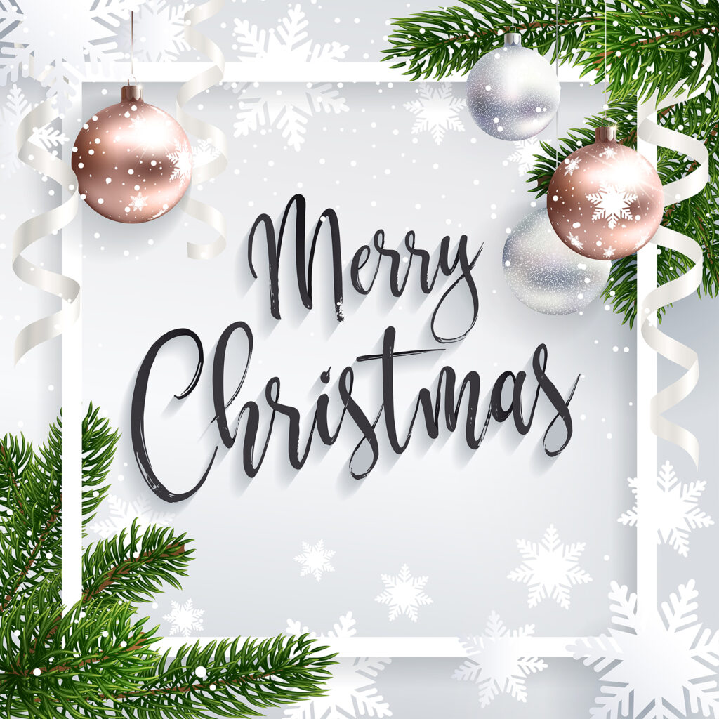 Merry Christmas inscription greeting. White festive background with holidays elements. Christmas tree branches, balls rose gold and serpentine. Calligraphic script. Lettering text. EPS10